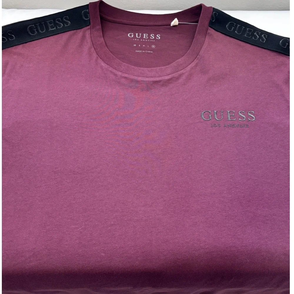 Guess Paxx Ian Tape Crew T-Shirt Mens XL Red Noir Logo Shoulder Tape T4GI33KBIV0 - Picture 2 of 5